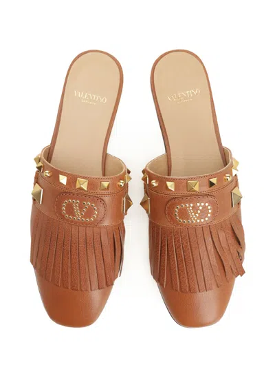 Valentino Leather Clog With Fringes Sandals Brown