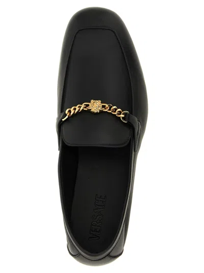 Versace Medusa Chain Leather Loafers In Nero-oro