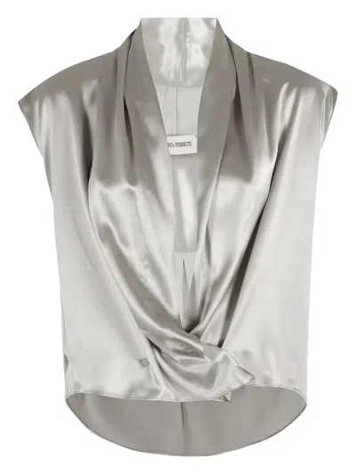 Alberta Ferretti Shiny Satin Blouse With Draped Revers In White
