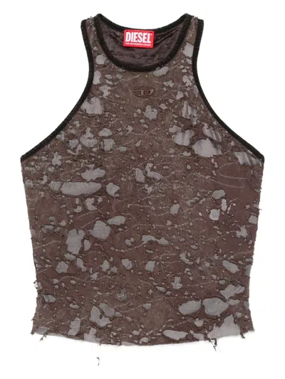 Diesel Logo Embroidered Distressed Sleeveless Top In Brown