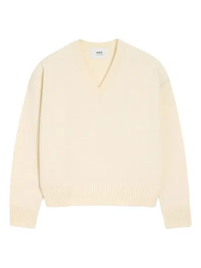 Ami Alexandre Mattiussi White Wool Ami De Coeur V Neck Sweater White In Neutral