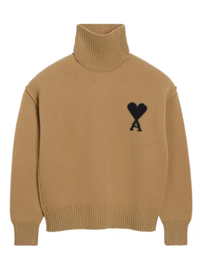 Ami Alexandre Mattiussi Wool Turtleneck Sweater With Ribbed Cuffs And Hem In Brown