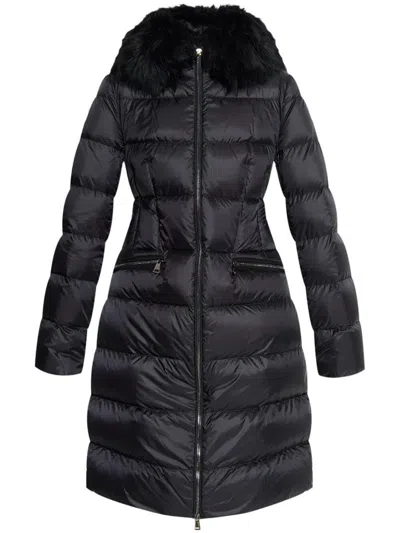 Moncler Boedic Hooded Shearling-trimmed Long Down Jacket Clothing In Black