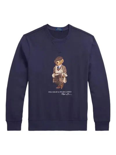 Polo Ralph Lauren Navy Blue Cotton Blend Sweatshirt With Iconic Bear Logo In Blue