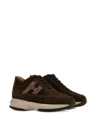Hogan Interactive Suede Sneakers With Rhinestones Shoes In Brown