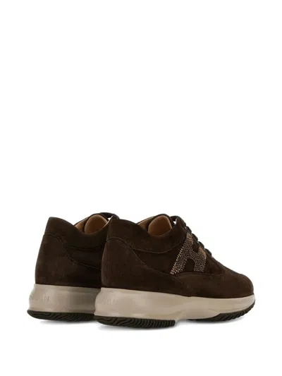 Hogan Interactive Suede Sneakers With Rhinestones Shoes In Brown