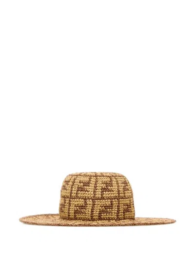 Fendi Hand-woven Viscose And Cotton Hat With All-over Ff Motif Accessories In Brown