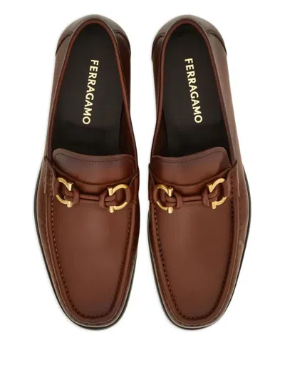 Ferragamo Alain Leather Loafers Gold-tone Hardware Round Toe In Brown