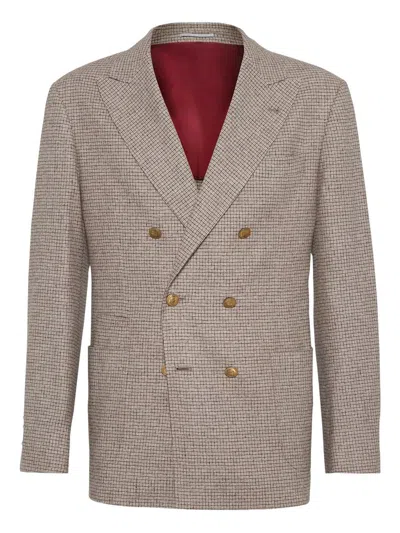 Brunello Cucinelli Beige Wool And Silk Double-breasted Blazer In Multi