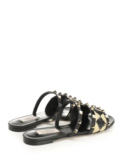 Valentino Raffia And Leather Sandal Sandals Black In Black