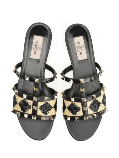 Valentino Raffia And Leather Sandal Sandals Black In Black