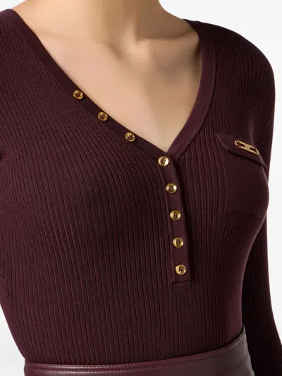 Elisabetta Franchi Burgundy Ribbed Sweater With Pocket In Brown