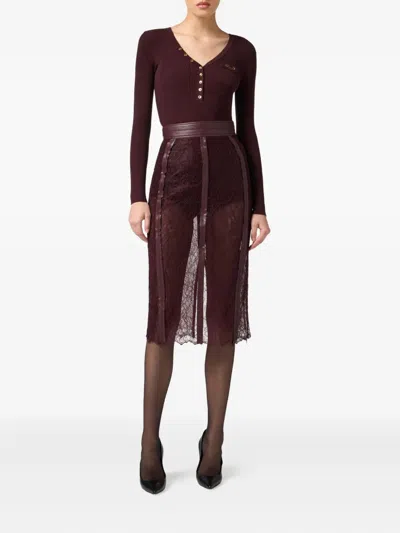 Elisabetta Franchi Burgundy Ribbed Sweater With Pocket In Brown