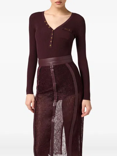 Elisabetta Franchi Burgundy Ribbed Sweater With Pocket In Brown