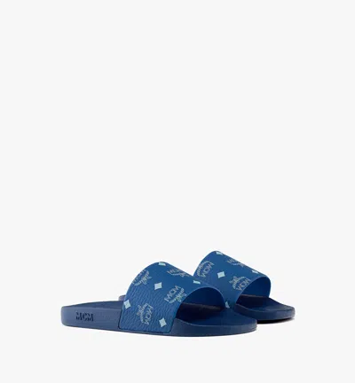 Mcm Monogram Print Rubber Slides In Blue