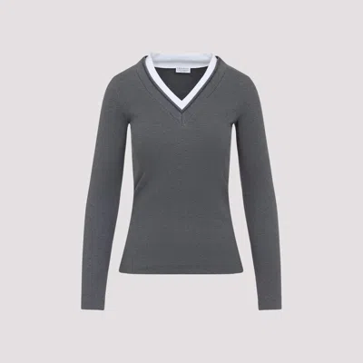 Brunello Cucinelli Ribbed Long Sleeves Top With Contrast Trim In Gray