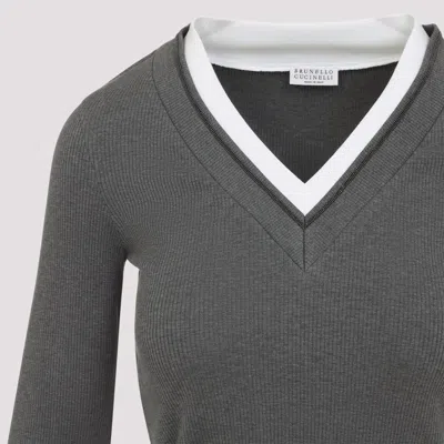 Brunello Cucinelli Ribbed Long Sleeves Top With Contrast Trim In Gray