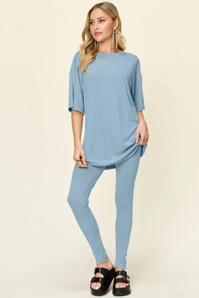 Truedames Full Size Round Neck Dropped Shoulder T-shirt And Leggings Set In Blue