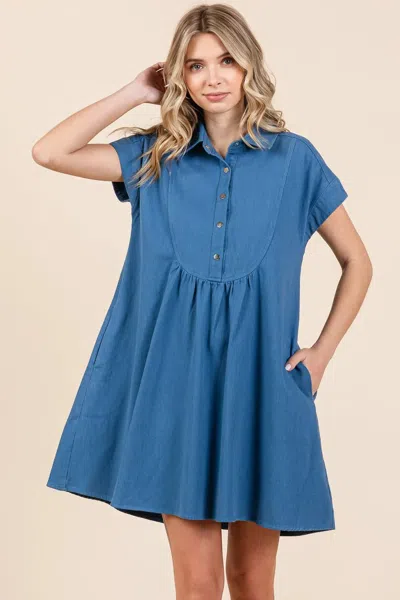 Truedames Twill Short Sleeve Collared Mini Dress In Blue