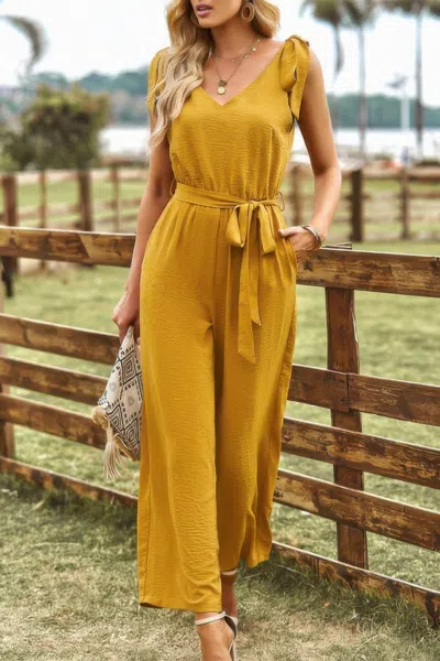 Truedames Solid Belt V Neck Wide Leg Fit Jumpsuit In Yellow