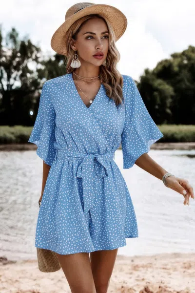 Truedames V Neck Ruffled Belted Flared Hemmed Romper In Blue
