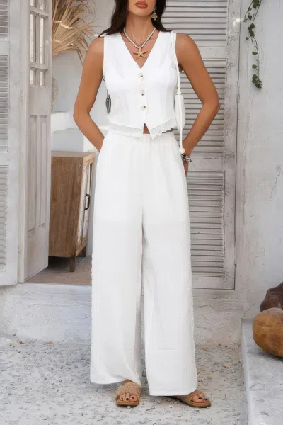 Truedames Solid Two Pieces Button Lace Hem Long Sets In White