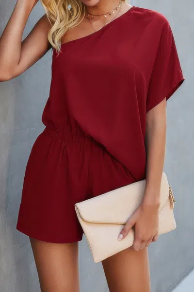 Truedames One Shoulder Batwing Sleeve High Waist Romper In Red