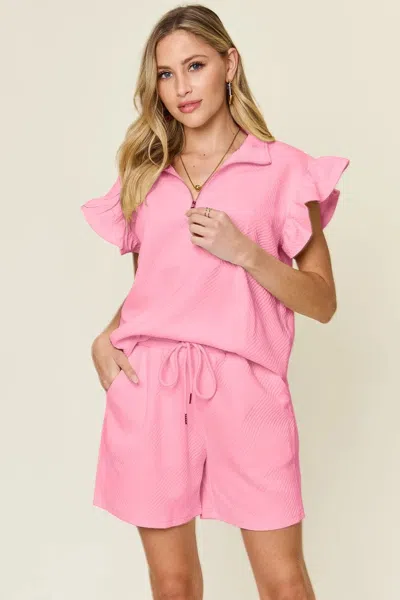 Truedames Full Size Texture Flounce Sleeve Top And Drawstring Shorts Set In Green