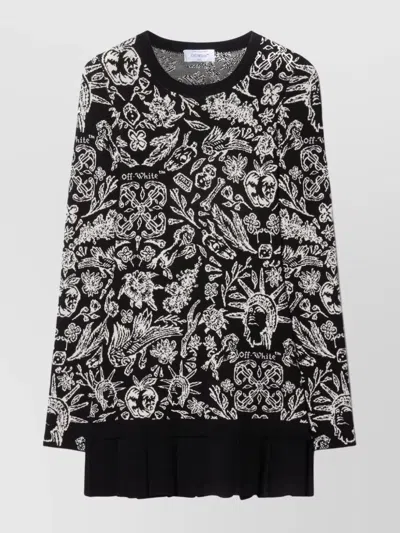 Off-white Crew Neck Floral Pattern Long Sleeves Dress In Black