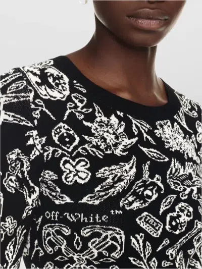 Off-white Crew Neck Floral Pattern Long Sleeves Dress In Black