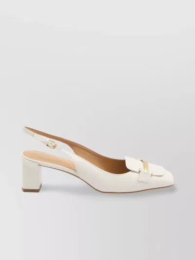 Tod's Square Toe Leather Pumps With Metal Bar In White