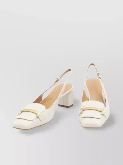Tod's Square Toe Leather Pumps With Metal Bar In White