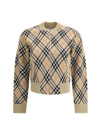 Burberry Check Wool Zip-up Cardigan In Neutral