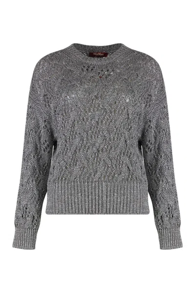 Max Mara Cropped Grey Open-knit Sweater With Metallic Finish In Gray