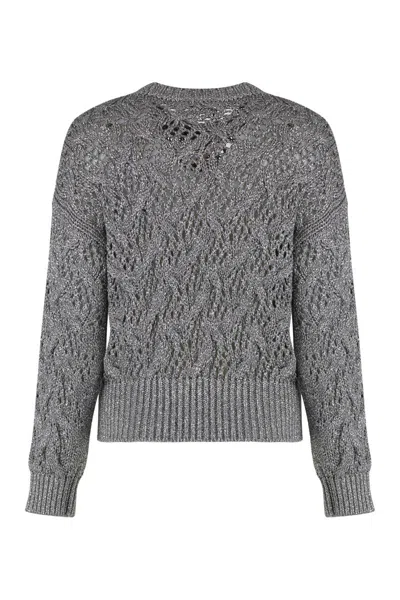 Max Mara Cropped Grey Open-knit Sweater With Metallic Finish In Gray