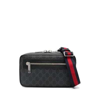 Gucci Men Black Gg Supreme Canvas Coated Finish Signature Web-stripe Waist Strap Detachable Adjustab In Black