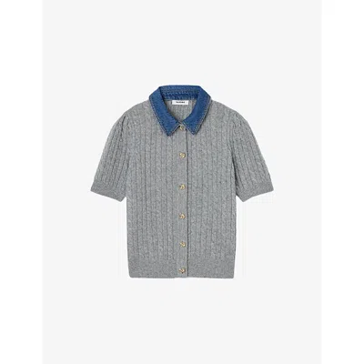 Sandro Womens Grey Denim-collar Short-sleeve Wool And Cashmere-blend Cardigan In Gray