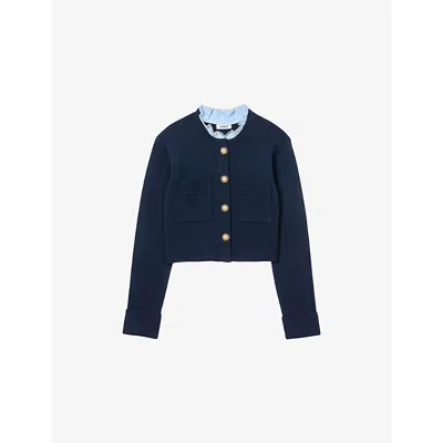 Sandro Womens Navy Blue Denim-collar Wool And Cashmere-blend Cardigan