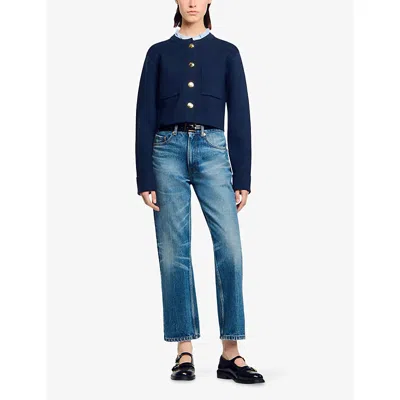 Sandro Womens Navy Blue Denim-collar Wool And Cashmere-blend Cardigan