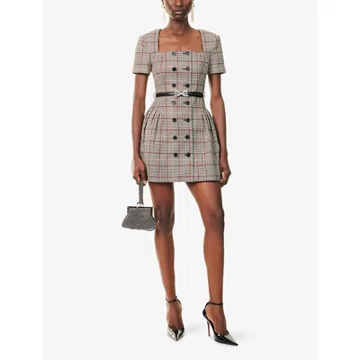 Self-portrait Brown Check Short Sleeve Mini Dress In Neutral