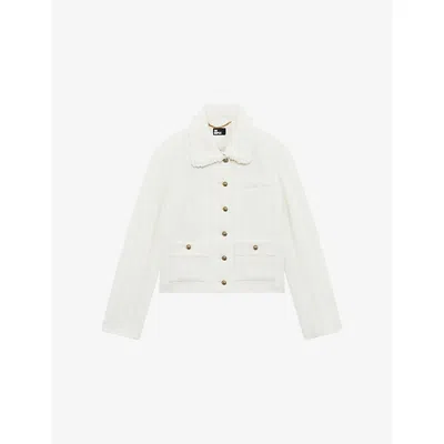 The Kooples Womens Ecru Collared Crop Tweed Jacket In White
