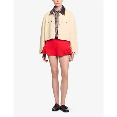 Sandro Womens Ecru Contrast-collar Cotton Workwear Jacket In Neutral