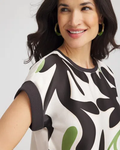 Chico's Floral Rib-knit Satin Top In White In Sand