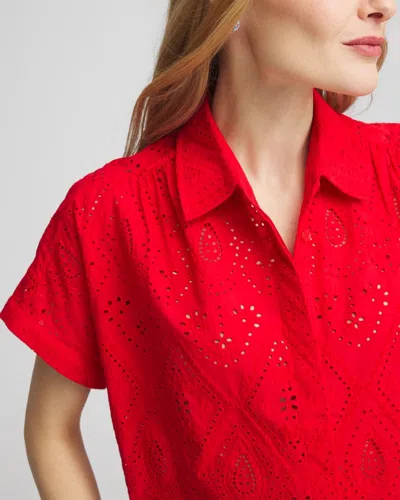 Chico's Embroidered Eyelet Button-down Top In Red