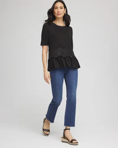 Chico's Chevron Sequin Peplum Linen Tee In Black In Black