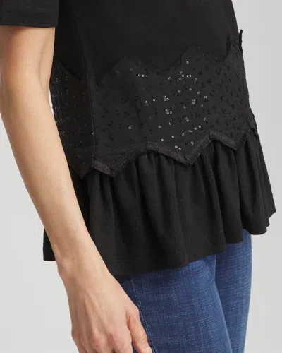 Chico's Chevron Sequin Peplum Linen Tee In Black In Black