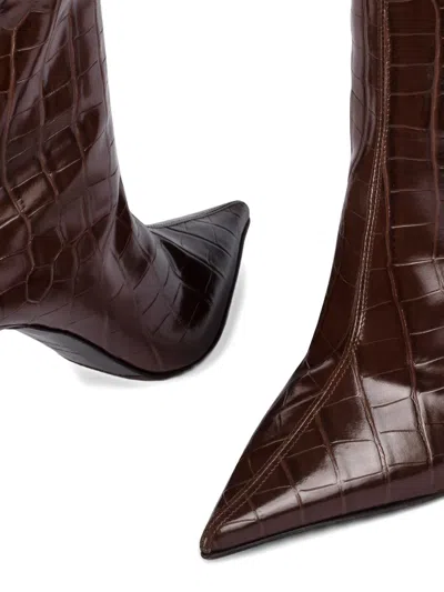 Le Silla 90mm Bella Crocodile-embossed Pointed-toe Boots In Brown