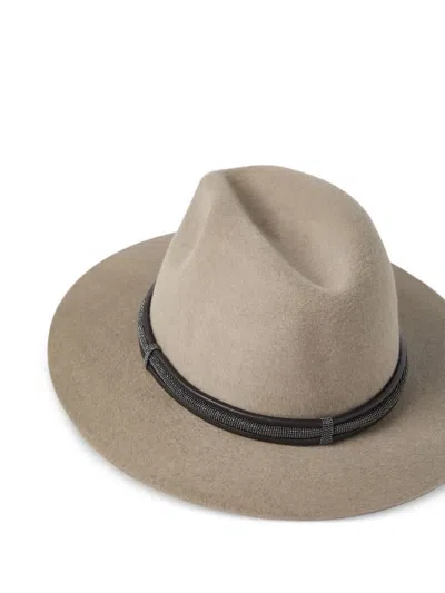 Brunello Cucinelli Fedora Hat With Tubular Leather Band And Monile Detail In Neutral