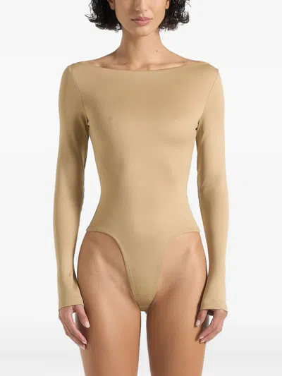 Manière De Voir Eva Boat-neck Long-sleeve Bodysuit In Neutral