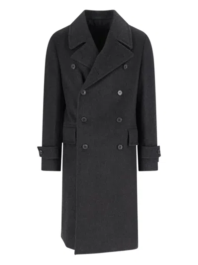 Caruso Double-breasted Grey Coat With Notched Lapel In Blue